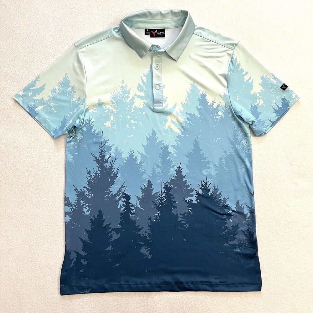 Yatta Men Blue Primal Forest Print Stretch Golf Standout Performance Polo S
